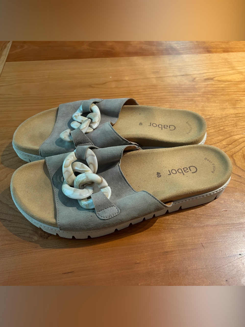 Gabor Taupe Suede Slide Sandals with Marbled Chain